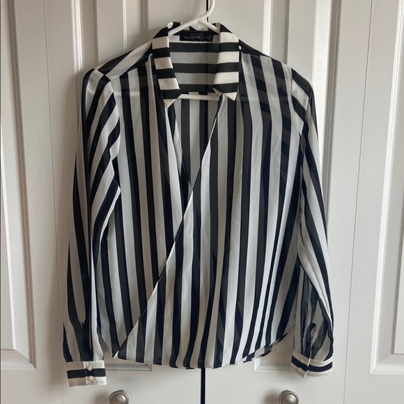 This Chic Limited Black and White Sheer Striped Blouse, Great for the Holidays - Picture 1 of 4